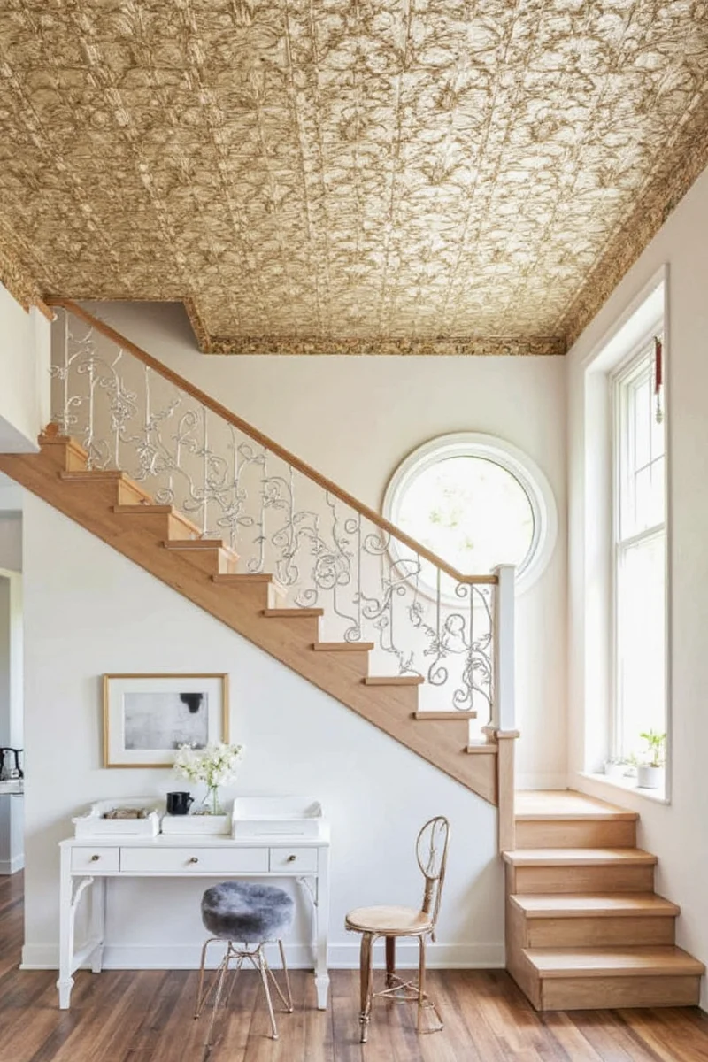 Rustic farmhouse-style tin ceiling