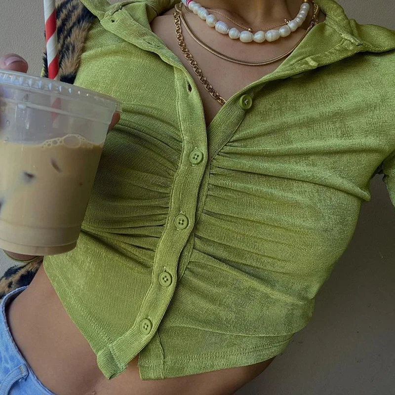 

Newly Design Turn Down Collar Button Long Sleeve Crop Top Shirts for Women, In available