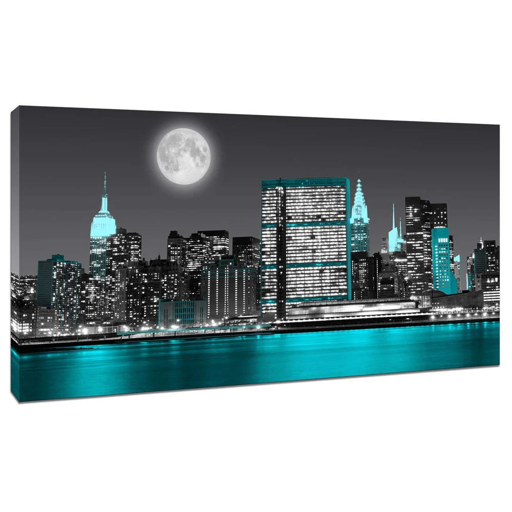 

Modern Moon Empire State Building Skyline Teal City Landscape Painting New York Canvas Print Wall Art Poster For Home Decoration