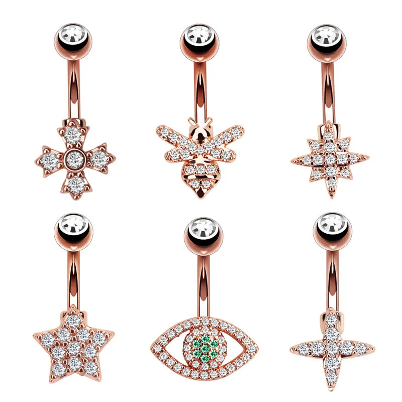 

Ruigang Body Jewelry Rose Gold Plated Surgical Steel Zircon Star Eye Honeybee Belly Button Navel Rings Piercing