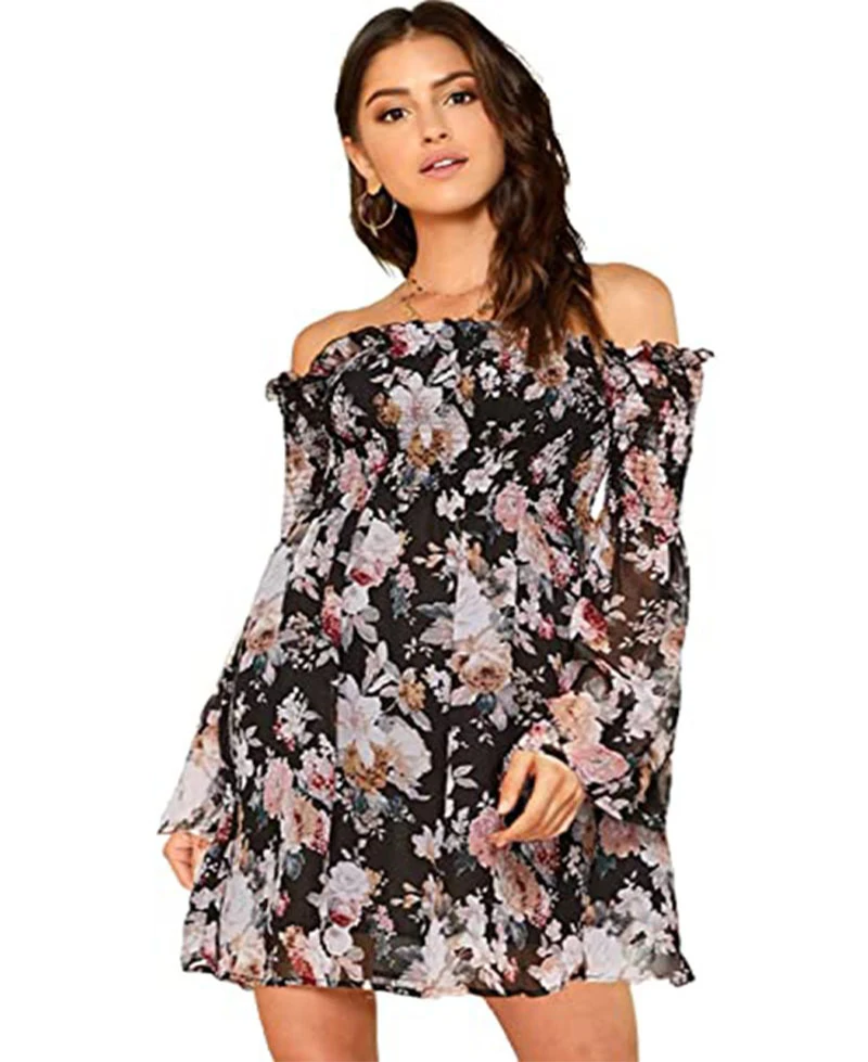 

Black Floral Print Off Shoulder Backless Summer Casual Dress