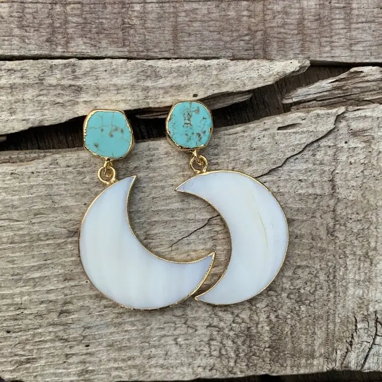 

LS-A2485 white mother of pearl and turquoise gold dipped crescent moon statement earring boho jewelry