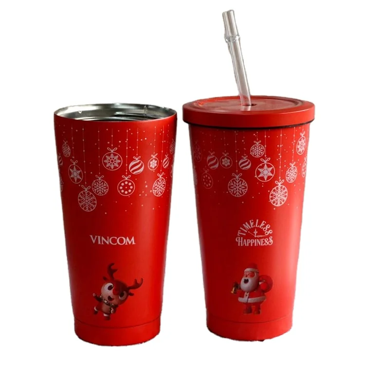 

X-mas stainless steel coffee tumblers with straw red Christmas artworks, Customized color acceptable