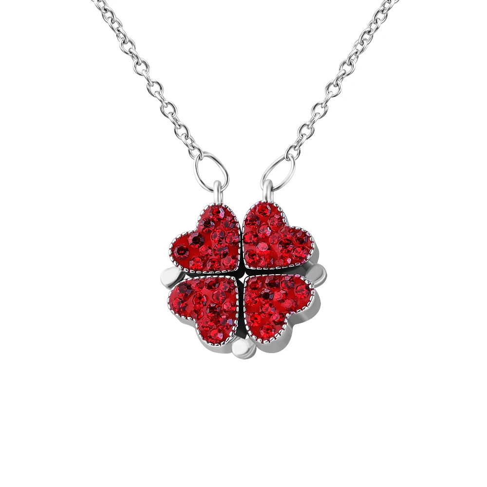 

Fashion Jewelry Double Sided Zircon Folding four Leaf Clover Heart Pendant Necklace for Women