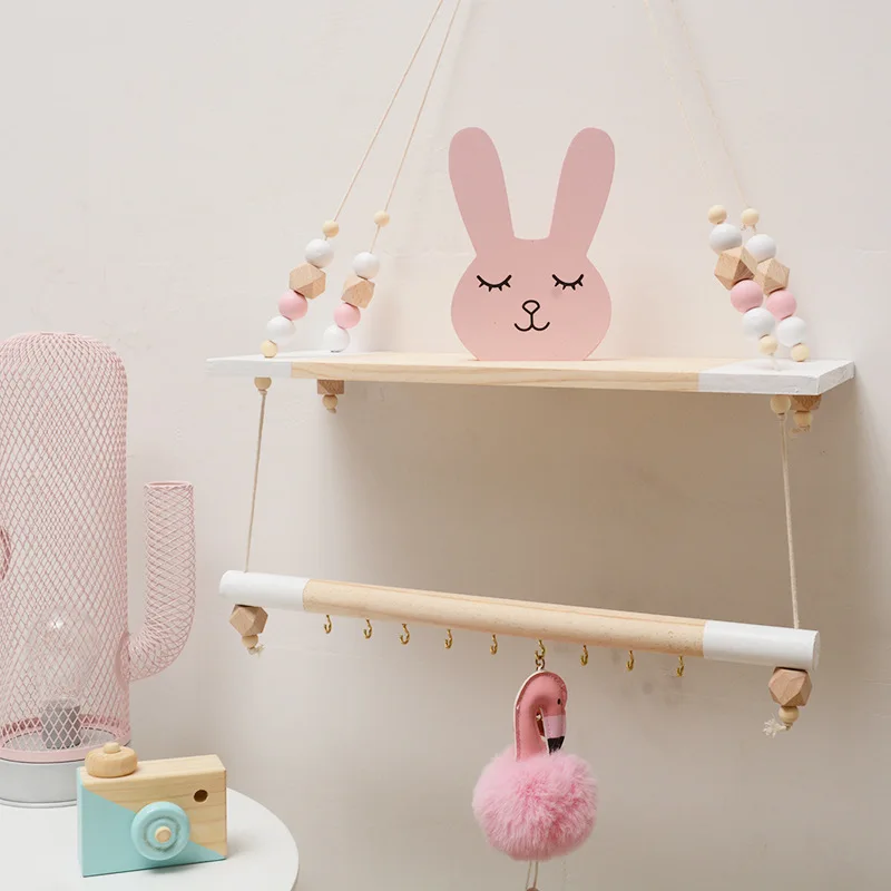 

Handmade Wooden Bead Wall Hanging Storage Rack Shelf Nursery Kids Room Home Decoration, Multi color