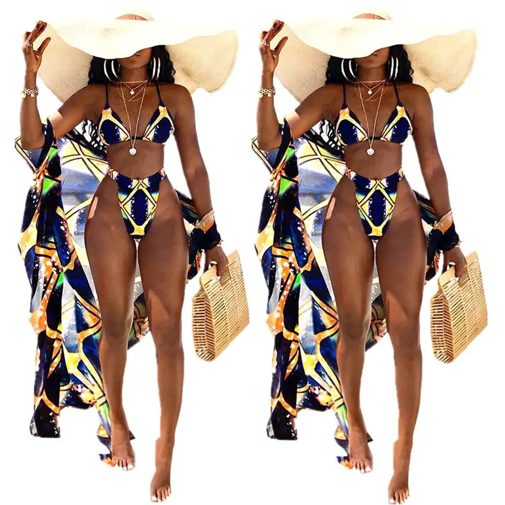 

03285073-Swimsuit Digital Printed Cardigan Long Sleeve Blouse Short Sleeve Split Swimsuit Women Three-piece