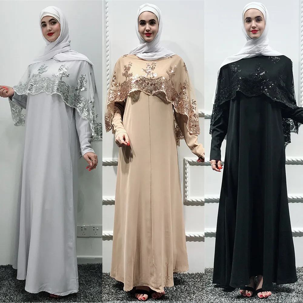 

elegant Ethnic floral long dress cardigan two-piece set muslim women abaya, Black,beige,gray