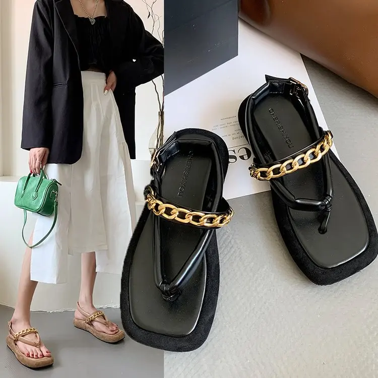 

Women fashion chain jandal sandals customized logo high heel women sandal slippers comfortable outdoor platform sandals