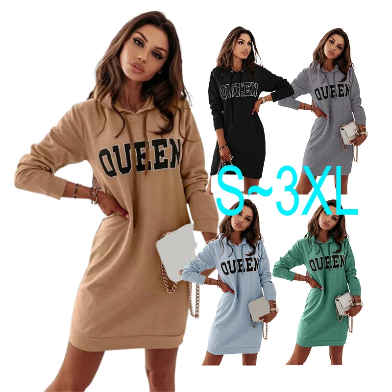 

Fashion Letter Print Hooded Sweatshirt Oversized Hoodies Dresses Women Custom Women'S Hoodie Dress Long Sleeve