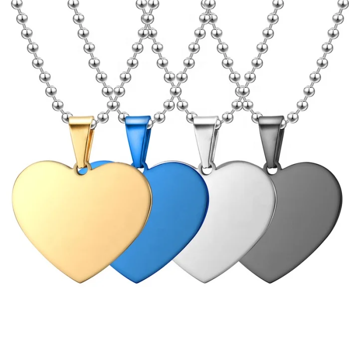 

Custom ID name logo blank to engrave silver gold black rose blue cheap wholesale mirror polish stainless steel heart necklace