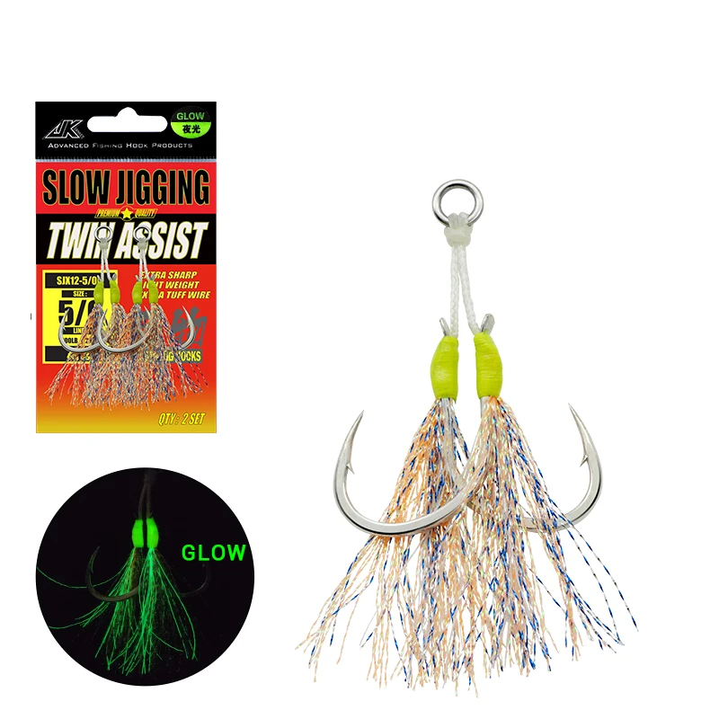 

WHOLESALE JK's SJX12 5/0 6/0 Bright Tinsel Slow Jigging FishhookTwin Assist Hooks Set Fishing hooks