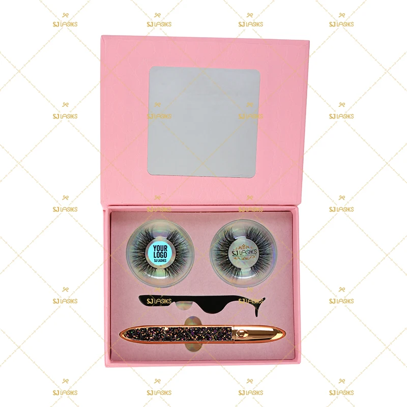 

3D Mink Eyelash Set Box With Mirror Aid Eyeliner 2 Pairs Pink Eyelash Display Storage Box Portable Daily Makeup Own Logo Package, Natural black 3d mink eyelashes