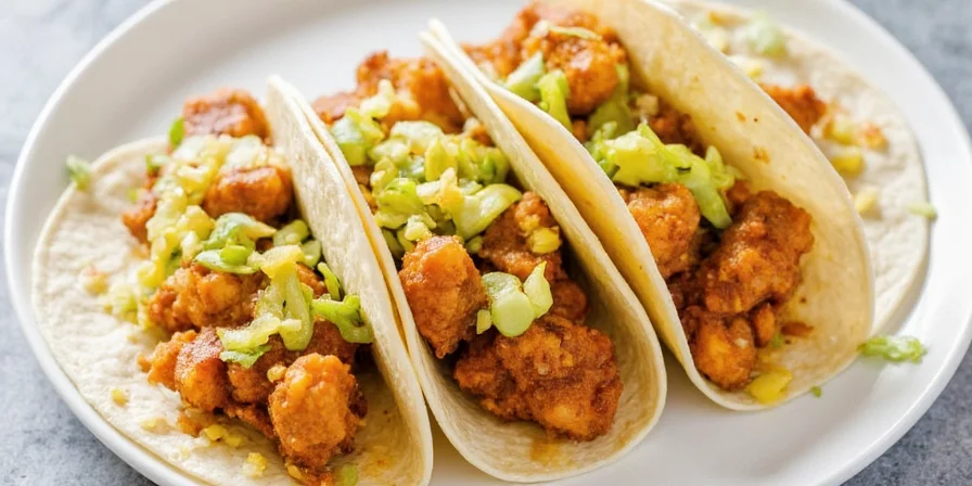 Coconut curry jackfruit taco topped with Thai basil and crushed peanuts