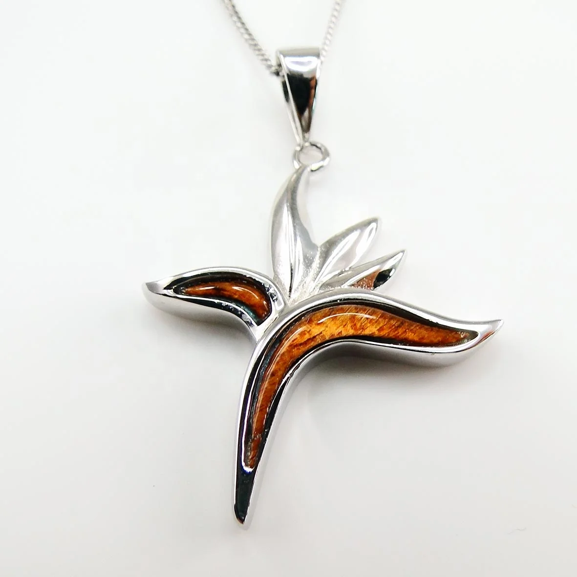 

New Fashion Hawaiian Flower Pendnat Necklace KOA Wood inlaid Sterling Silver Bird of Paradise Pendant