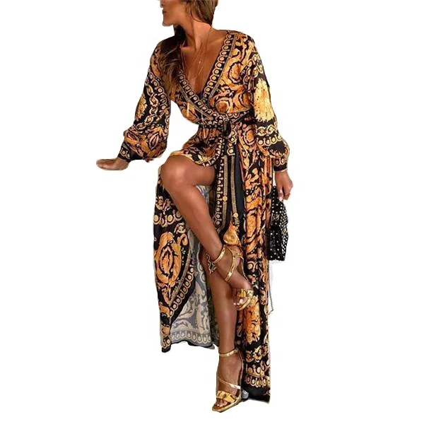 

Best Selling Women Retro Long Sleeve V Neck Club Printed Evening Bodycon Split Plus Size Casual Maxi Casual Dresses, Gold