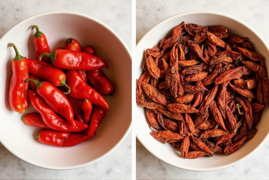 Two rehydrated ancho peppers next to dried versions with soaking bowl showing the rehydration process for stuffed ancho pepper recipes