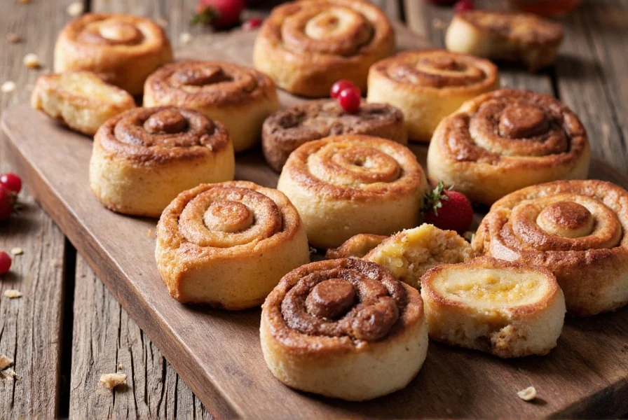 Variety of cheesecake cinnamon roll variations including fruit-infused, chocolate, and mini versions arranged on a rustic wooden table