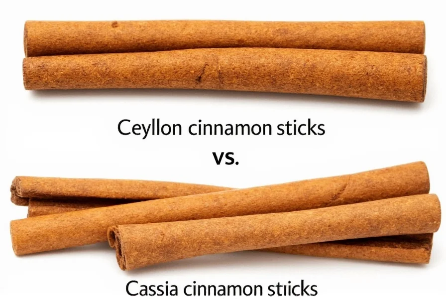 Side-by-side comparison of Ceylon cinnamon sticks (thin, layered) versus Cassia cinnamon sticks (thick, hard)