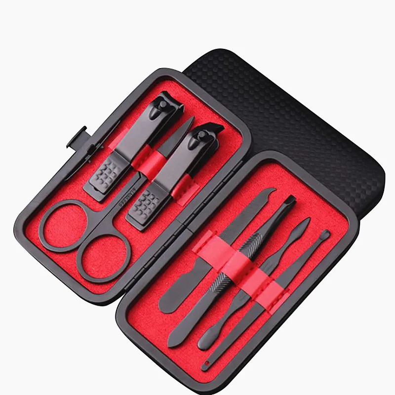 

High quality nail clippers set black 7 pieces red and black manicure pedicure set, Black/red