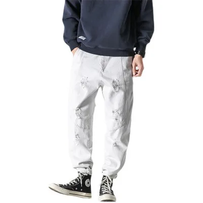 

Hot sale mens baggy jeans tapered distressed side pocket mens cargo jogger pants white ripped harem man jeans branded custom