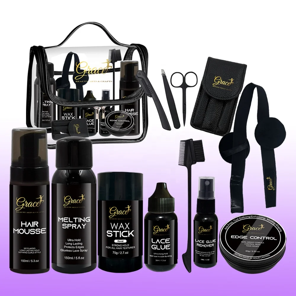 

New Trim Lace Tools Lace Glue Edge Control Wax stick Hair Mousse Melting Spray Black Lace Wig Installation Kit with PVC Bag