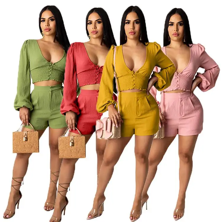 

0420M056 2021 Hot Sale Mini Fashion Womens Summer Short Sets Solid V-Neck Long Sleeve Casual Boutique Women 2 Piece Set Clothing