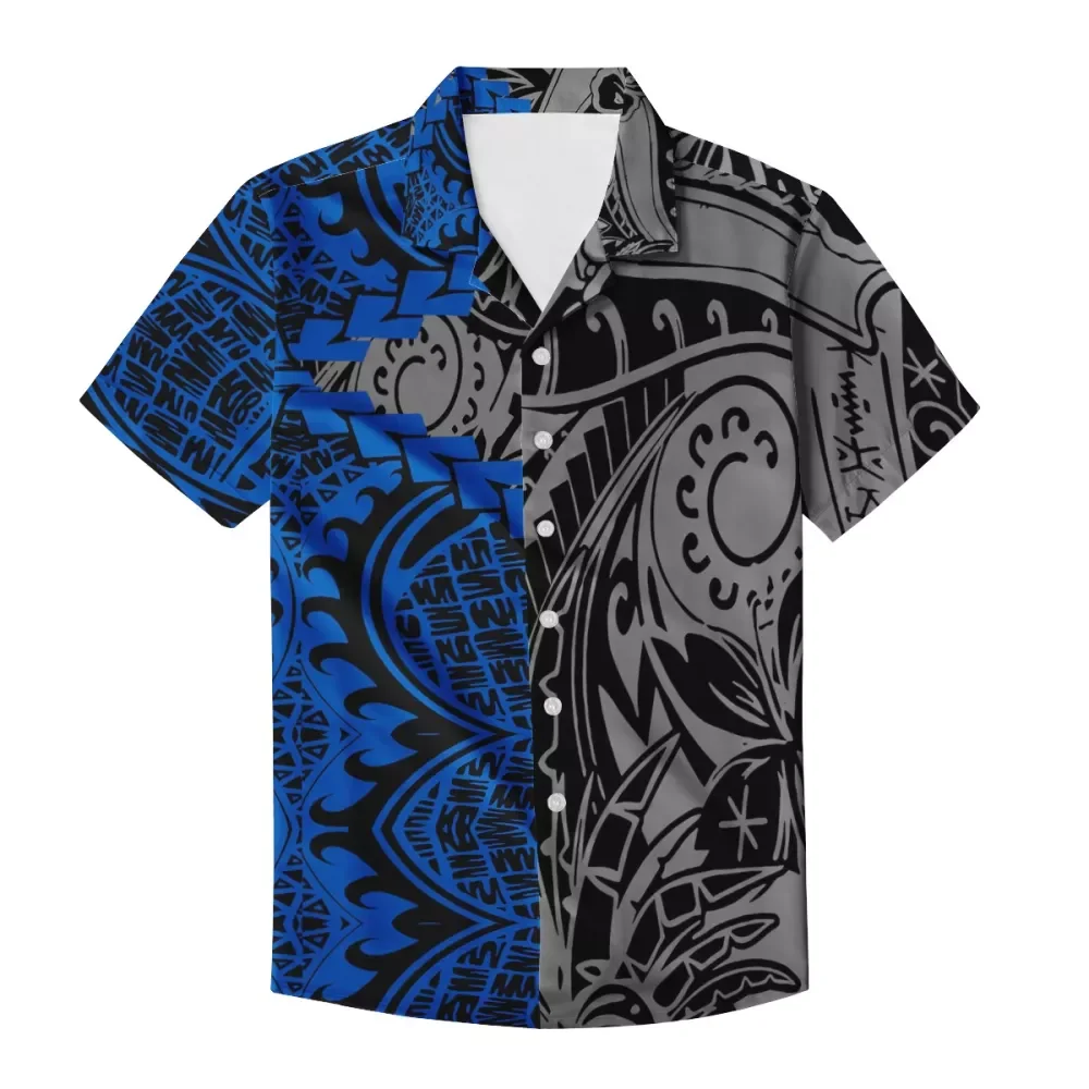 

High Quality Summer Beachwear top Polynesian tribal design Gray-blue symmetry print Custom Cuban Collar Short Sleeves Shirts men, Customized colors