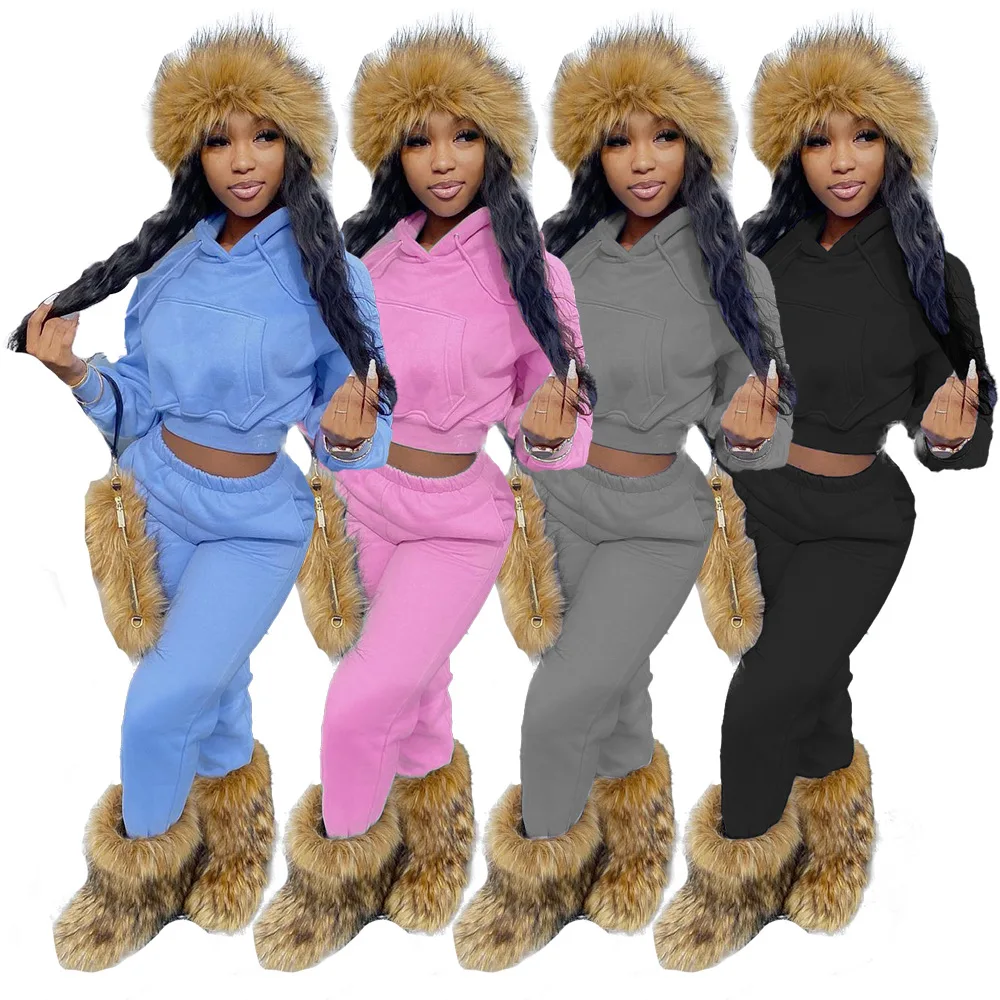 

2021 Sweatsuit Fleece Sportswear Woman Two Piece Sets Hooded Winter Women Joggers Crop Top Sweatpants 2 Piece Pants Set