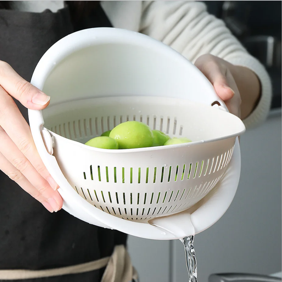 

Rotatable double layer kitchen plastic vegetable basket fruit vegetable basin filter water drain basket rice washing basket