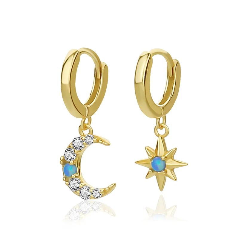 

fashion jewelry 925 silver moon and star with blue opal stone hoop earrings jewelry 18K gold plated women jewelry