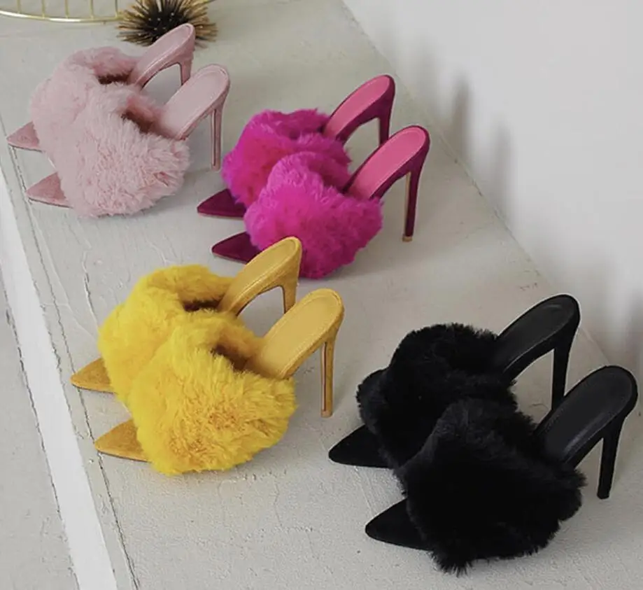 

Wholesale Fashion Bright Color Luxury Fur Furry Spike Ladies Women Shoes High Heels Sandals 2021Slipper Mules Shoes
