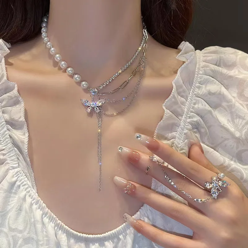 

DAIHE New Pearl Butterfly Necklace Diamond Tassel Pendant Fashion Jewelry Necklaces Multi layered