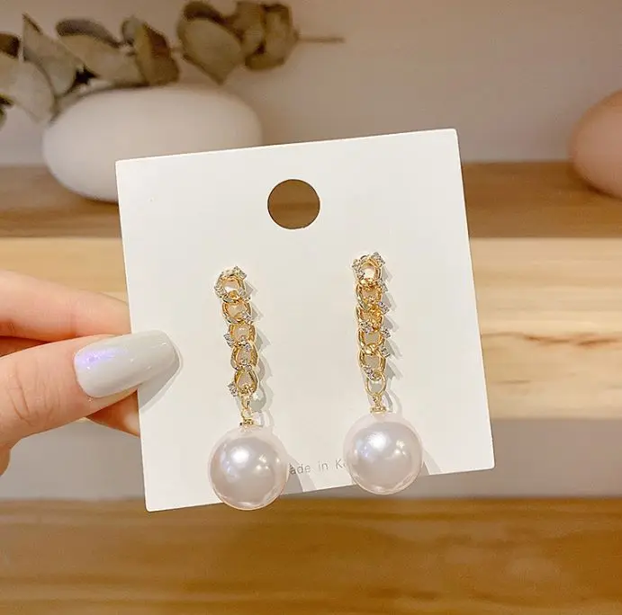 

S925 silver post luxury pearl earrings female temperament long chain tassel earrings