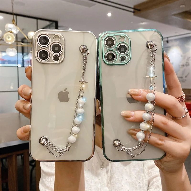 

Pearl Strap phone case manufacturing cost for iphone 8plus XR XS MAX 11 PRO MAX 14 Plating wrist chain phone cover