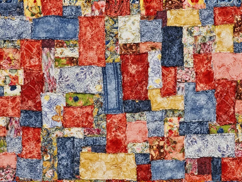 Recycled fabric scraps arranged into textile art pattern