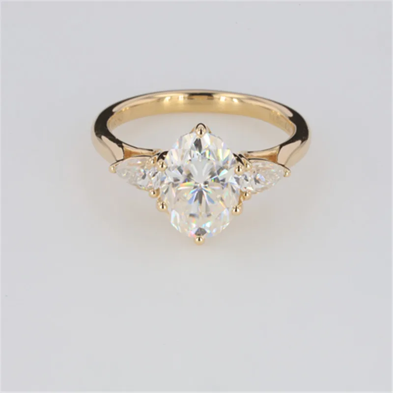 

three stones setting ring 14K yellow gold Oval brilliant cut and trillion cut moissanite ring