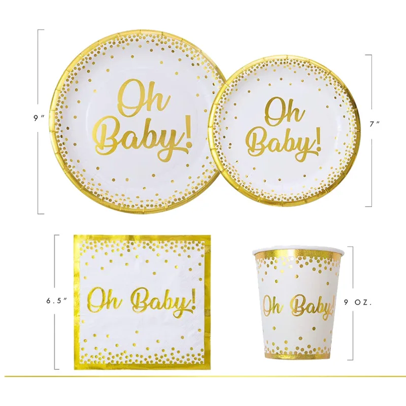 

Popular gold hot stamping oh baby shower tableware set party supply sets paper plates paper cups, As picture