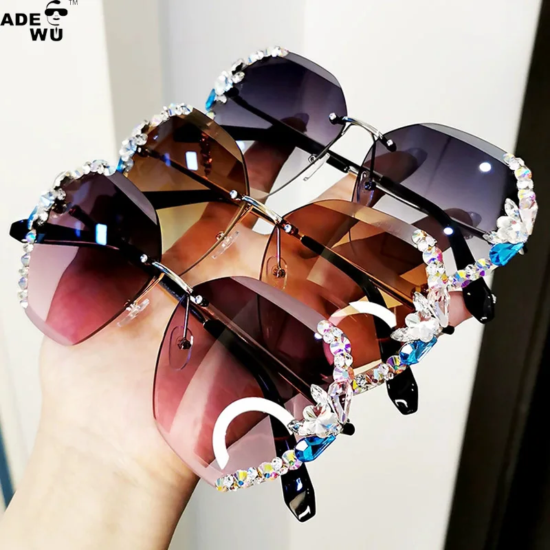

ADE WU NQ0745 New Fashion Luxury Ocean Rimless Shades Oversized Cutting Edge Women Big Diamond Crystal Rhinestone Sunglasses, Picture colors