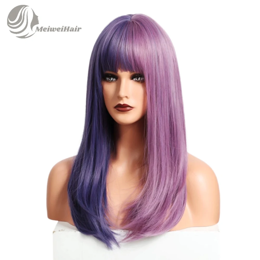 

2021 Holloween New Fashion Cosplay Ombre Blue Purple Highlight Synthetic Wigs Medium Length