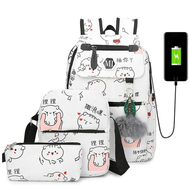 

3Pcs/Set USB Charging Port Canvas Women Backpack Print School Backpacks Schoolbag For Teenager Student Book Bag Girl Boy Satchel