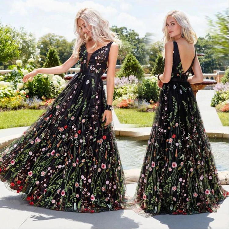 

Ball Embroidery Sexy Backless Deep V Neck Sleeveless Ladies Party Dresses Women Ladies