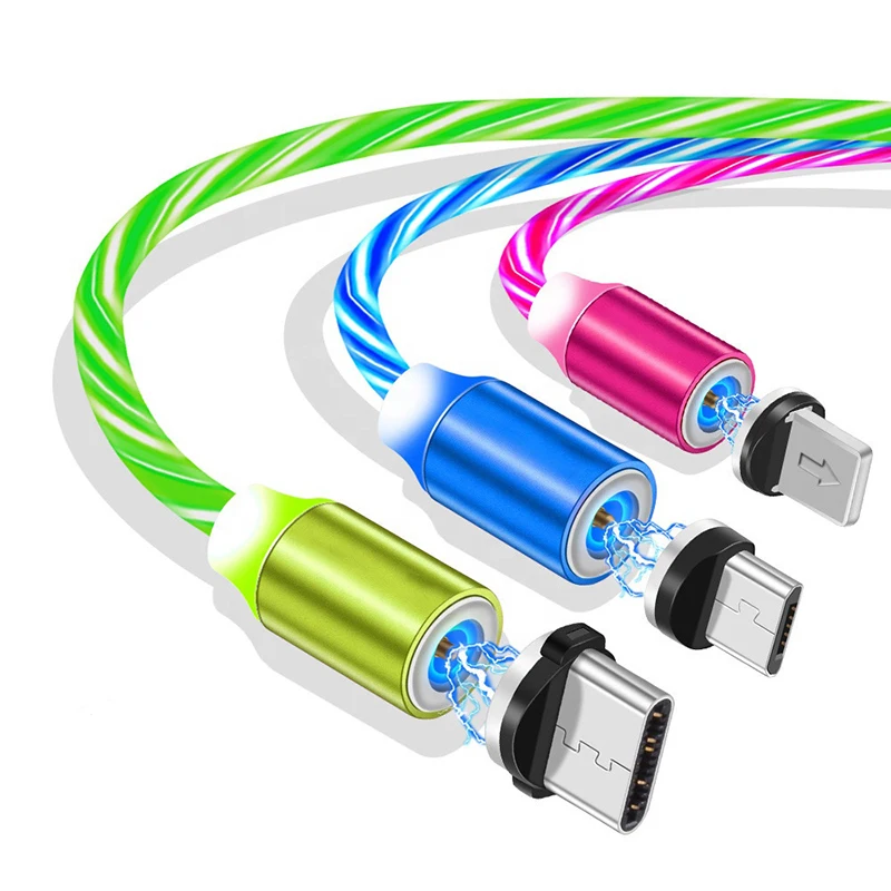 LED Flowing Magnetic 3 in 1 Charging Cable Multi Charger Cord Streamer Absorption USB Snap Quick Connect