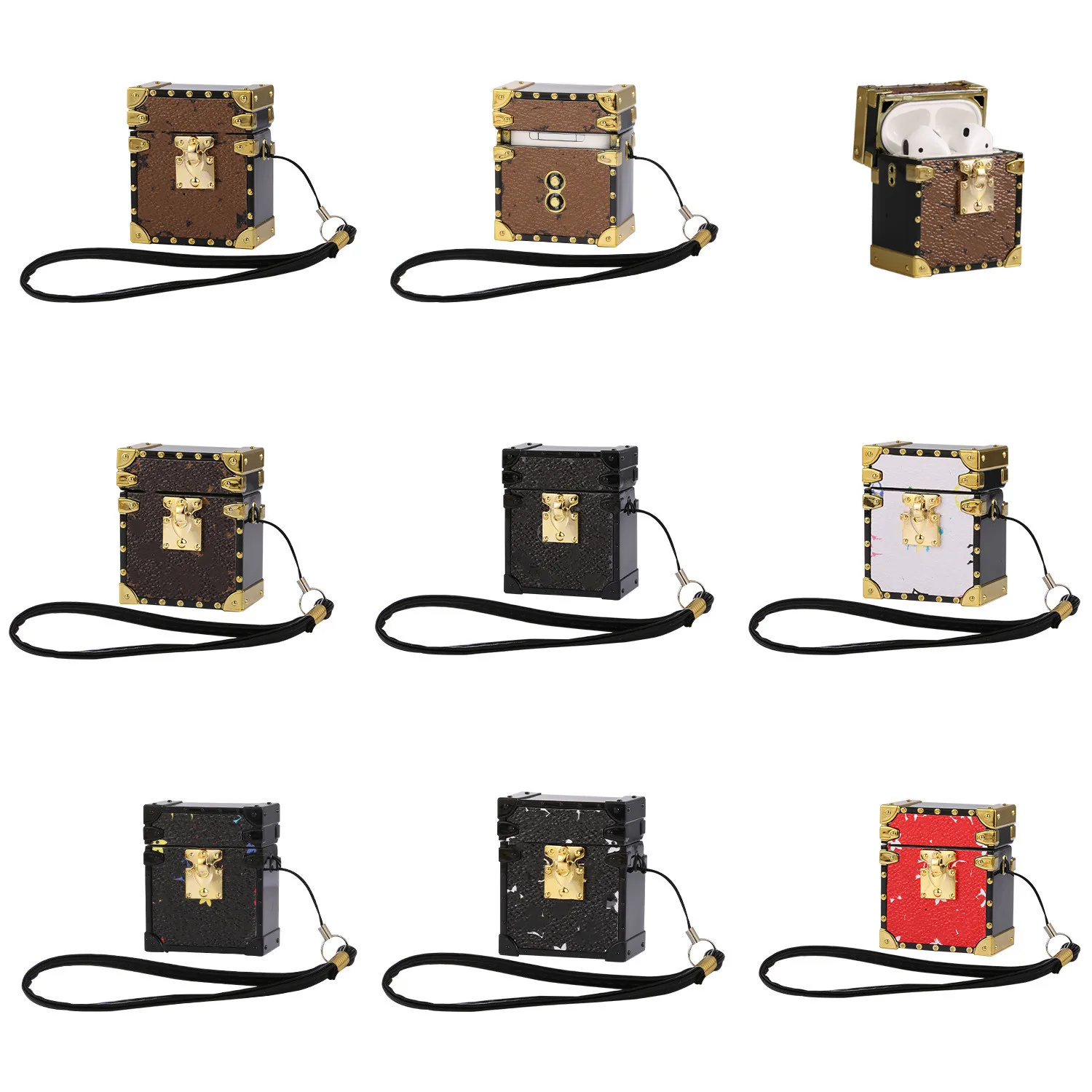

bulk wholesale square case for air pod luxury designer brand leather cases for apple airpods 1 2 pro 3 case cover with chain