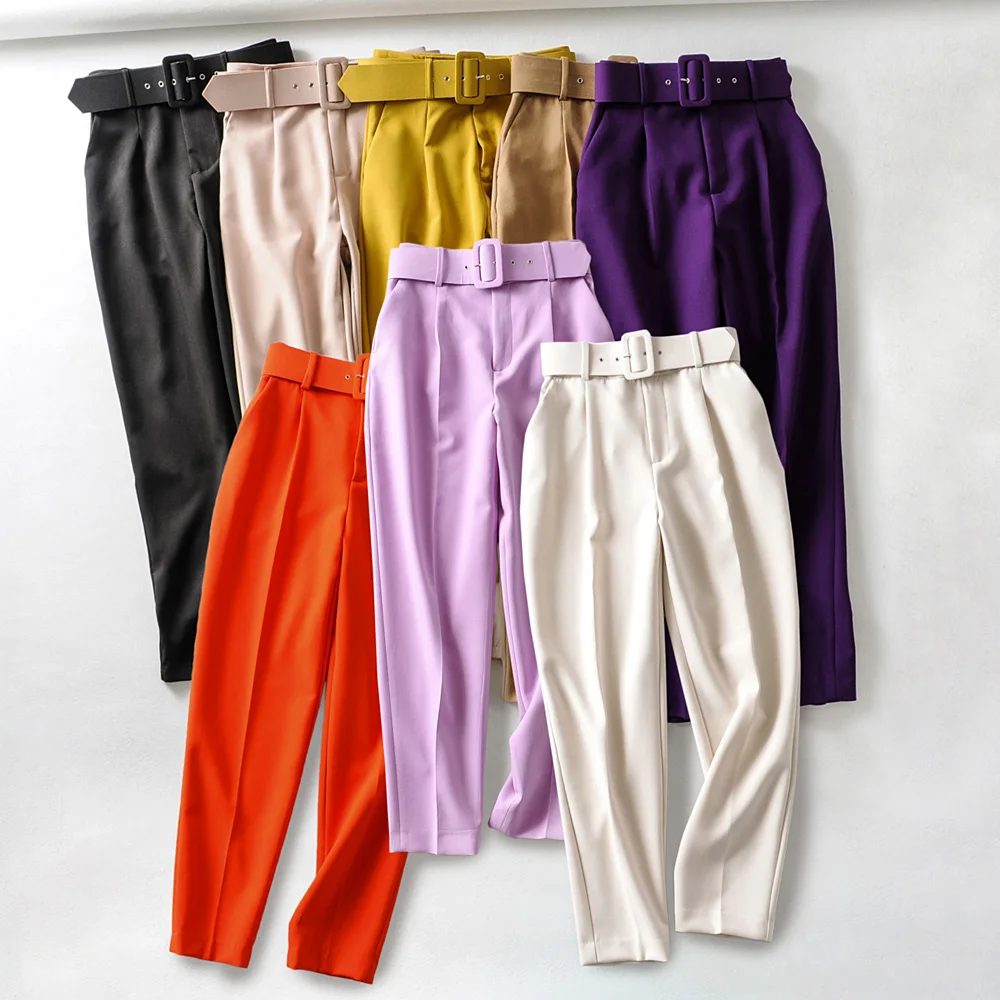 

Women Casual Suit Pants Femme High Waist Belt Solid Purple Yellow Long Pants