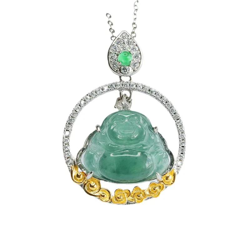 

S925 Silver Inlay Natural Emerald Pendant Blue Water Ice-Like Buddha Factory Live Wholesale FC3062608