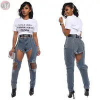 

9120524 lowest price high waist hollow-out washed shorts long leg patchwork denim Pant Jeans High Fashion Womens Clothing