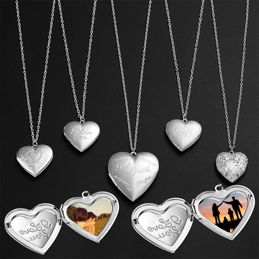 

Silver Color Love Heart Locket Pendants for Women Men Openable Photo Frame Glossy Family Picture Necklace