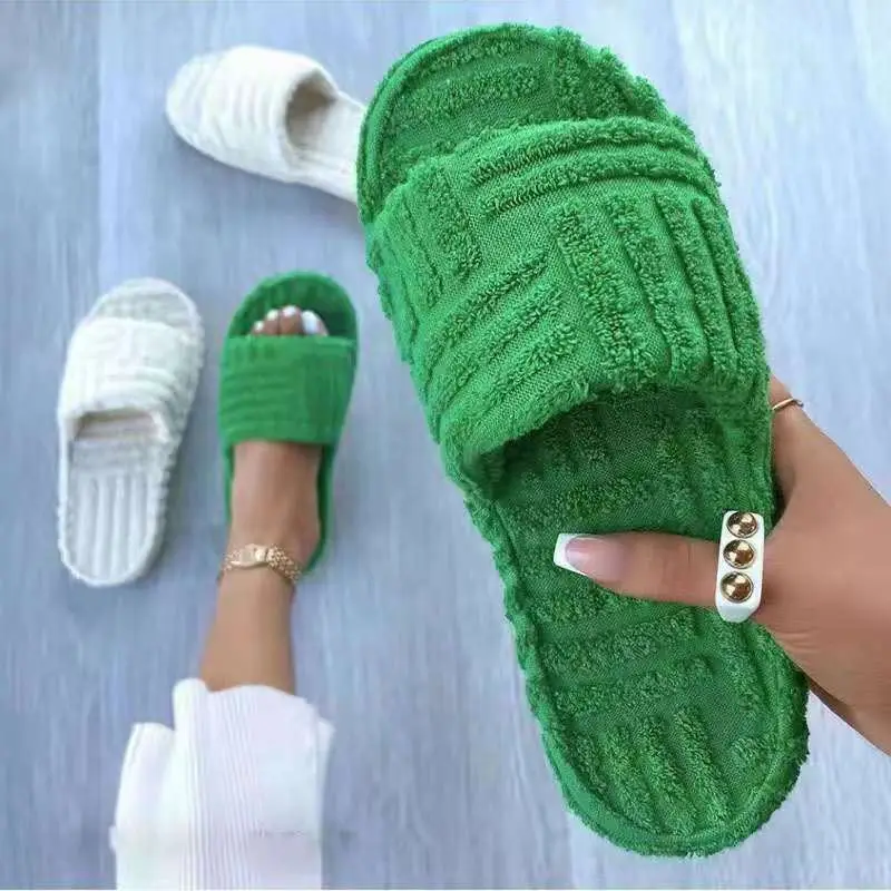 

Amazon hot sale Brand Design Warm Fur Slippers Women New Embossed Towel Cotton Wedge Slippers Sandals For Women, Orange/green/white