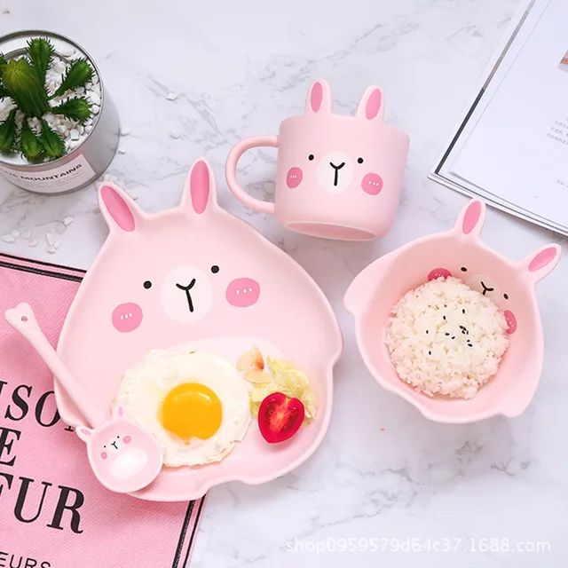 

4pcs Cartoon Animal Shape Rabbit Totoro Design Children Tableware Dinner Plate Bowl Mug Dinnerware Sets for Kid Cutlery Set, White,pink, grey or any pms colour is accepted