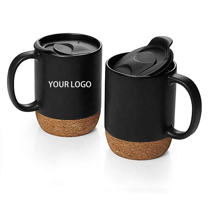 

Wholesale 15oz Sublimation Custom Logo Matte Plain White Black Ceramic Coffee Mug With Cork Base Bottom Matte Tea Cup With Lid